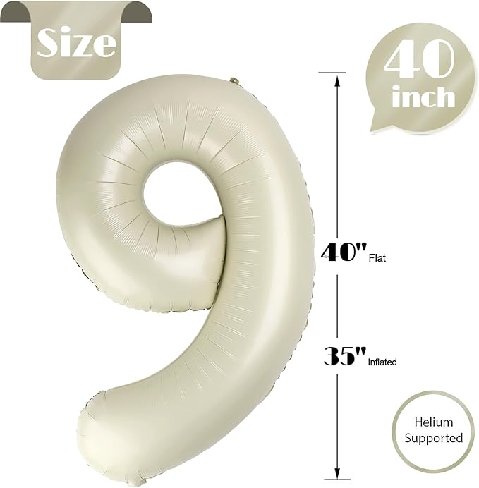 Cream Number 9 Balloon 40 Inch, 9 Balloon Number, 9th Birthday Decorations, Cream Party Supplies for Boys Girls
