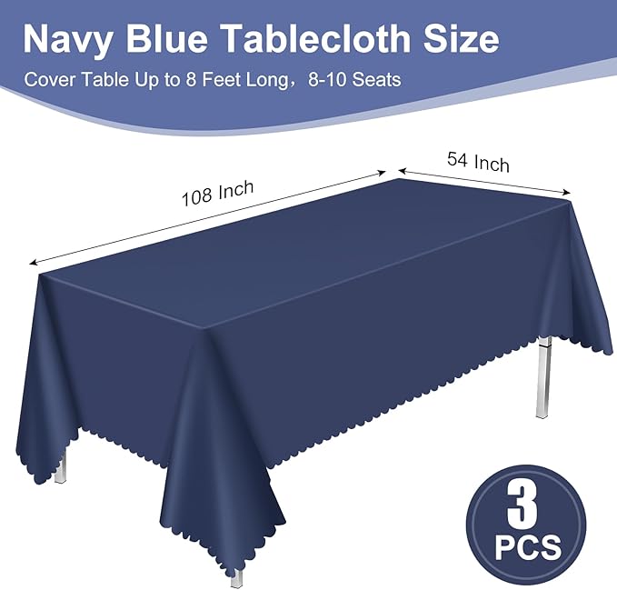 3 Pack Plastic Navy Blue Tablecloth, 54 X 108 Inch Graduation Scalloped Table Cloth for Rectangle Table Disposable Spring Tablecloth for BBQ Picnic Birthday Dinner Holiday Graduation Celebration Party