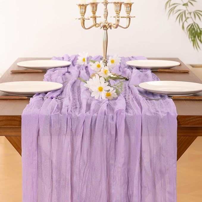 Socomi 3pcs Lilac Purple Lavender Cheesecloth Table Runner Easter Spring Boho Rustic Gauze 120 inch 10FT Cheese Cloth Runner for Wedding Party Baby Shower Birthday Home Decor Holiday Decorations