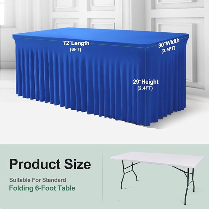 Table Skirts for Rectangle Tables 8ft - 2 Pack One-Piece Royal Blue Tablecloths and Skirt, Wrinkle Resistant Ruffles Elastic Cover for Banquets, Weddings, Events, Parties