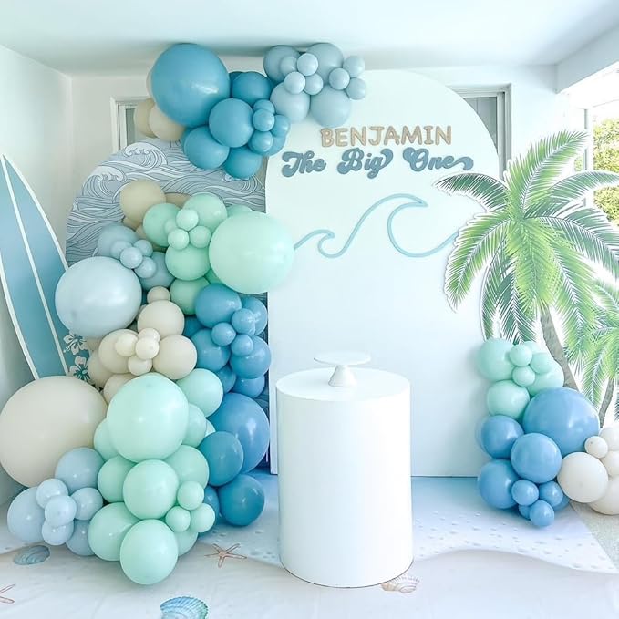 The Big One Balloon Garland Arch Kit, 141pcs Haze Fog Blue Mist Green and Sand White Balloons for Beach Party Decorations Surf Theme First Birthday On Board Boho Baby Shower Supplies