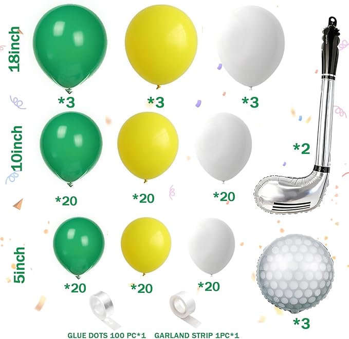 Hole in One Balloon Garland Arch Kit - 139 Yellow Green White Latex Balloons with Golf Cart and Ball Foil Balloons for Hole in One First Birthday Golf-Themed Retirement Party Decoration
