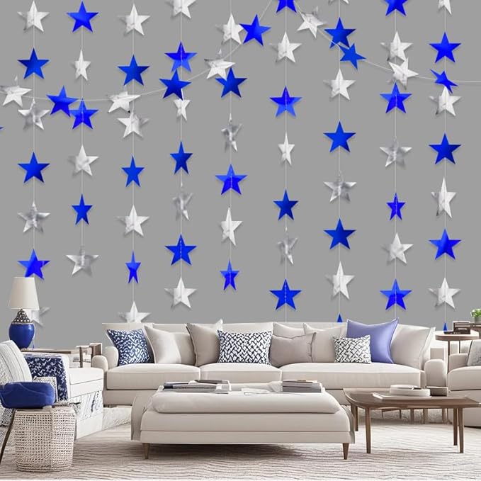 Blue Silver Shining Star Hanging Garland Blue Silver Hanging Sparkling Star Streamer Bunting Banner Twinkle Backdrop for Wedding Baby Shower Birthday Christmas Decorations 40 Feet