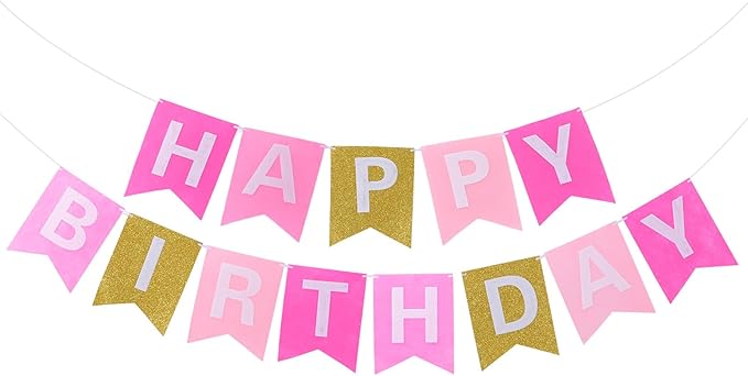 Irenare 4 Pieces Happy Birthday Banner Colorful Birthday Party Decor Rainbow Felt Garland Banner Party Decorations Supplies(Gradient Pink and Gold)