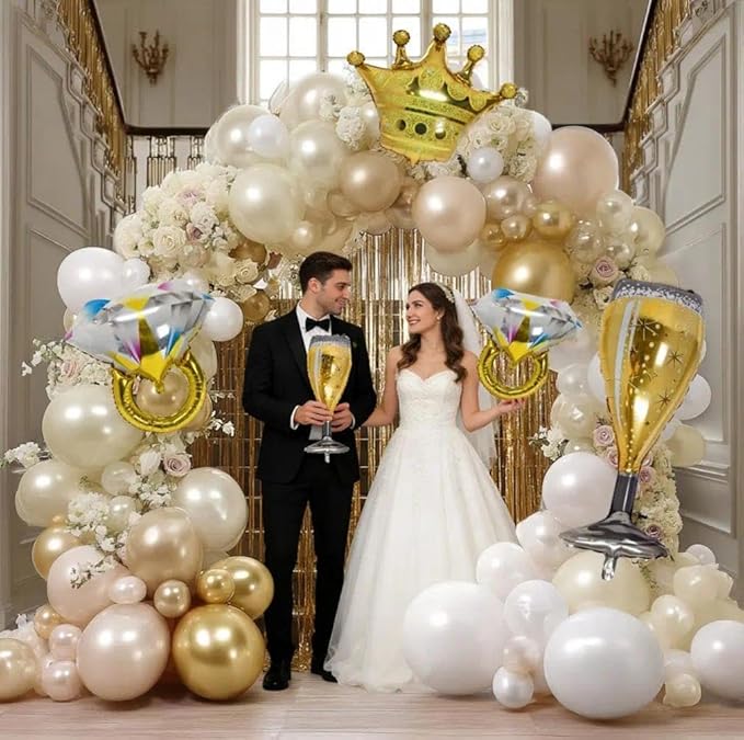 Engagement Balloon Arch Kit Double Stuffed Latex White Nude Beige Gold Balloon Garland with Fringe Curtain, Foil Balloons for Boho Neutral Wedding Bridal Shower Anniversary Birthday Party Decorations