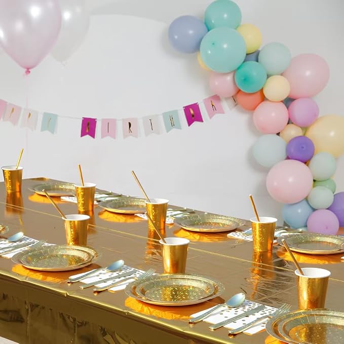 201-piece disposable party tableware set with paper plates, cups, napkins, straws, tablecloths, plastic knives, forks and spoons for a variety of party occasions for up to 25 people (Golden Star)