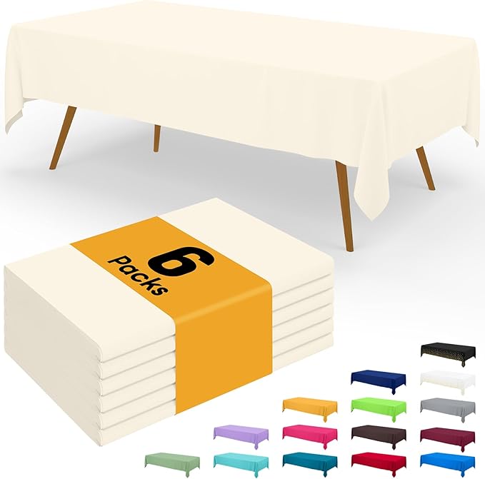 Smiry Disposable Table Cloth - 6 Pack, 54 x 72 Inch Waterproof Rectangle Tablecloths for Parties, Decorative Plastic Table Cover, Leakproof & Sturdy, Beige
