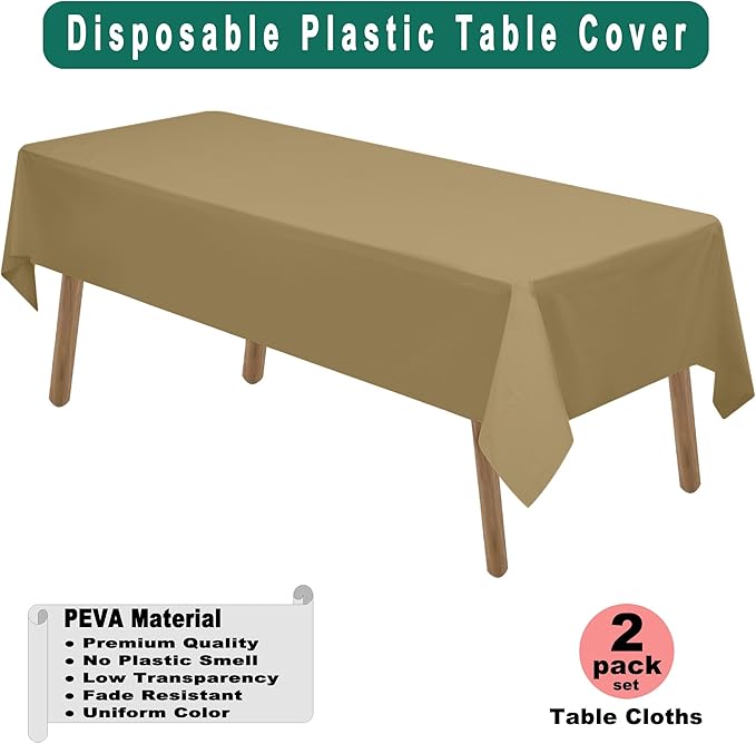 PARTY ULYJA Gold Plastic Tablecloths 2 Pack Solid Disposable Table Covers 54 x 108 Inch Golden PEVA Table Cloths for BBQ Picnic Birthday Wedding Banquet Parties 8 ft Rectangle Table Use
