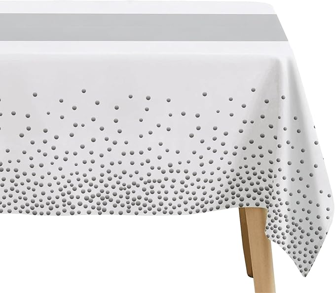 White and Silver Party Decorations Tablecloth, 3 Pack Disposable White Table Cover Printed Silver Table Runner for Birthday Baby Bridal Shower Wedding Anniversary Graduation, 86in x 55in