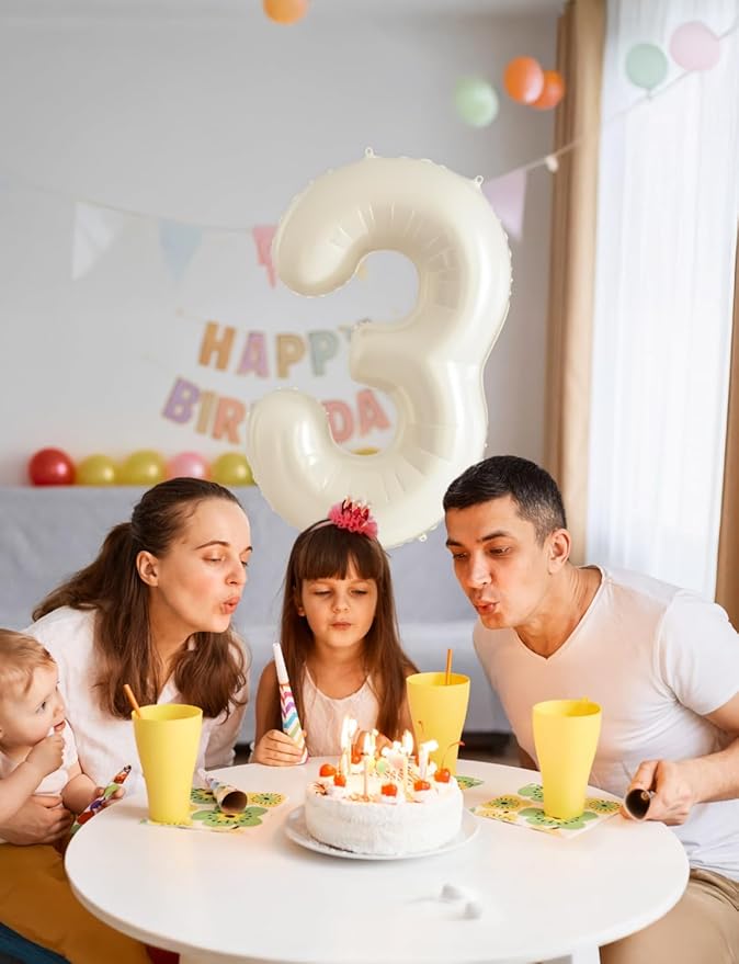 Cream Number 3 Balloons – 40 Inch Giant Foil Number Balloon, Light Cream Number Balloon for Birthday Anniversary Baby Shower Party Decorations