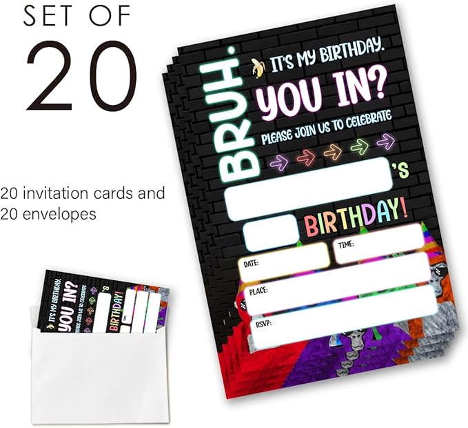 Birthday Invitations for Boys Teens Supplies with Envelopes Set of 20 Bruh Birthday Party Invitations Fill in Blank, Double Sided