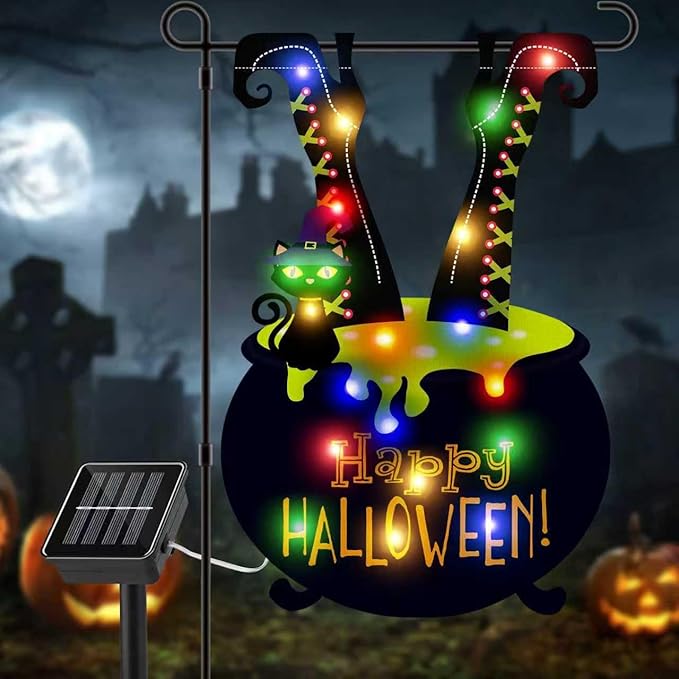 Halloween LED Lighted Garden Flag for Outside, 12x18 in Solar Double Sided Witch Feet Shape Yard Flag, Halloween Decorations for Patio Lawn, Home Porch