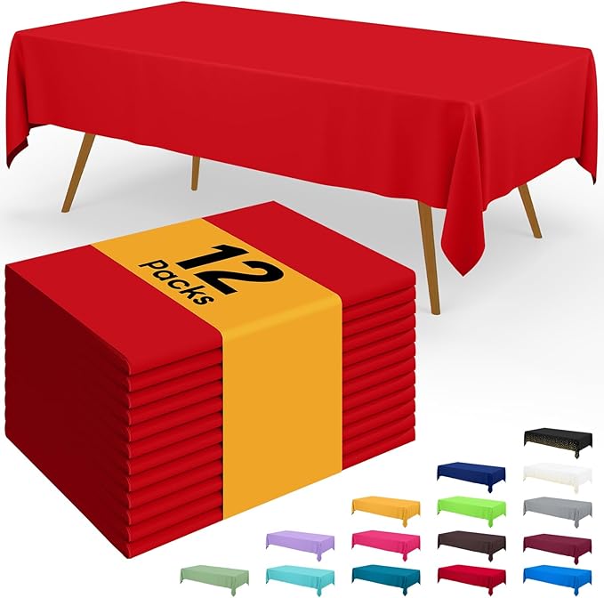 Smiry Disposable Table Cloth - 12 Pack, 54 x 108 Inch Waterproof Rectangle Tablecloths for Parties, Decorative Plastic Table Cover, Leakproof & Sturdy, Red