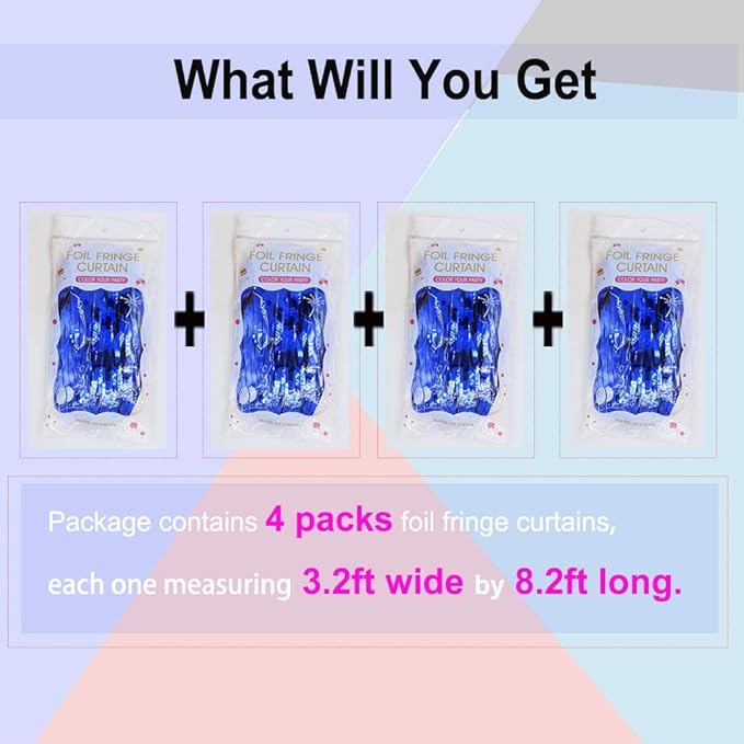Blue Foil Fringe Curtain- 4 Pack of 3.2x8.2ft Blue Streamers Backdrop Curtains for Party Decorations