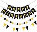 Black Gold Happy Birthday Banner, Happy Birthday Decorations Hanging Birthday Sign Circle Dot Triangle Bunting for Women Men Girl Boy Party Supplies