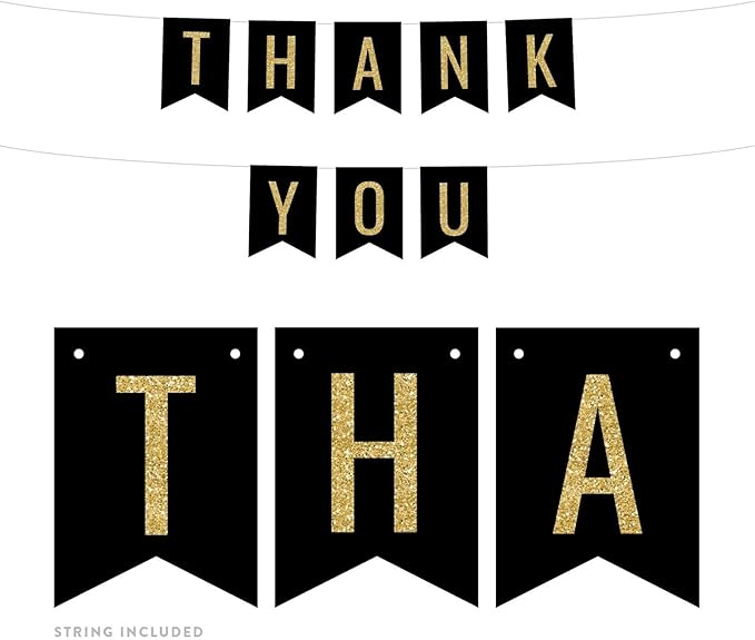 Andaz Press Faux Gold Glitter on Black Party Banner Decorations, Thank You, Approx 5-Feet, 1-Set, Birthday Wedding Baby Shower Colored Hanging Pennant Decor