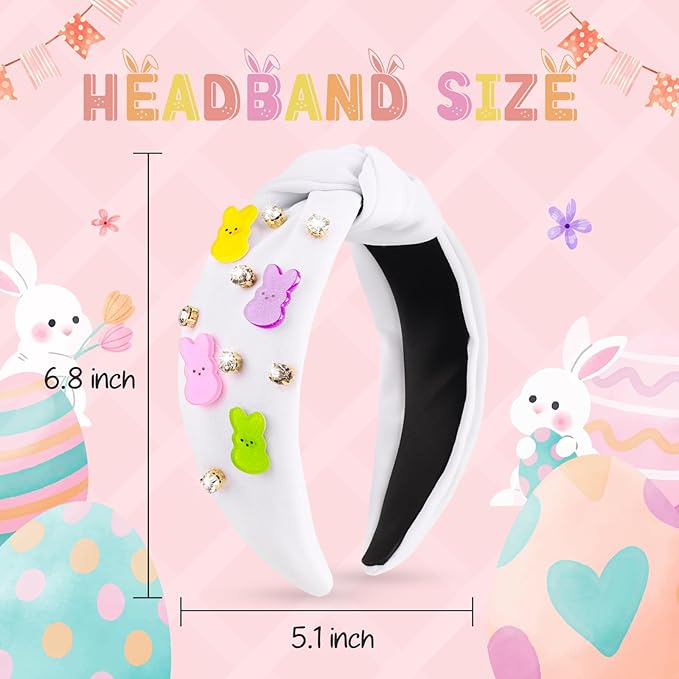 Easter Bunny Headbands for Women, Easters Outfits for Girls Rhinestone Jeweled Rabbit Ears Knotted Headband, Easter Basket Stuffers, Spring Party Favor Gift Peeps Hair Accessories (White)