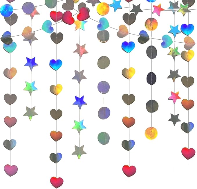 Iridescent Dot Heart Star Streamers 19.8 Feet Paper Garlands Glitter Disco Garland Hanging Banner for Birthday Homecoming Classroom Mothers Day Wedding Engagement Birthday Party Supplies