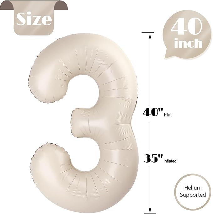 Cream Number 3 Balloon 40 Inch, 3rd Birthday Celebration Supplies for Girls Boys Women Men, 3 Balloon for Girls Boys Theme Party