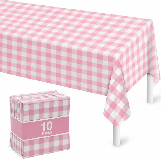 10PCS Premium Plastic Pink&White Checkered Tablecloths, 54*108inch Large Disposable Tablecover for Gatherings, Thickened Rectangle Table Decoration for Picnic, Barbecue,Dinner, Party Supplies Bulk