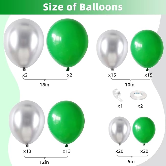 Green and Silver Balloon Garland, 100 Pcs Metallic Silver and Dark Green Balloon Arch Kit, Metallic and Latex Balloons Different Sizes for Graduation Jungle Safari Themed Party Decorations