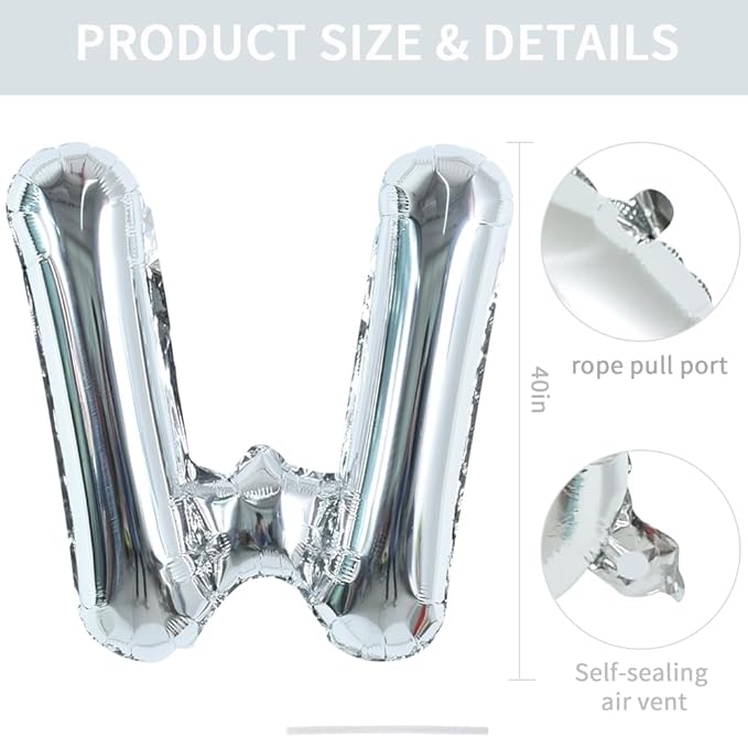 TONIFUL 40 Inch Large Silver Letter W Balloons Helium Balloons,Foil Mylar Big Letter Balloons for 2026 New Year Eve Graduation Wedding Baby Shower Birthday Party Anniversary Supplies Decorations