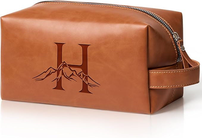 Personalized Gifts Travel Toiletry Bag for Men Engraved Initial PU Leather Waterproof Shaving Bag for Toiletries Accessories Fathers Day Birthday Gift for Men Dad Husband Son, Light Brown H