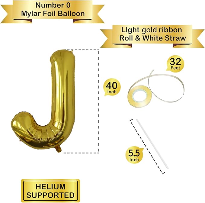 Letter Balloons Gold Party Balloon - 40 Inch Large Gold Letter J Balloon, Letter Balloon Birthday Decorations, Balloon for Women Men Anniversary Party Decorations Supplies