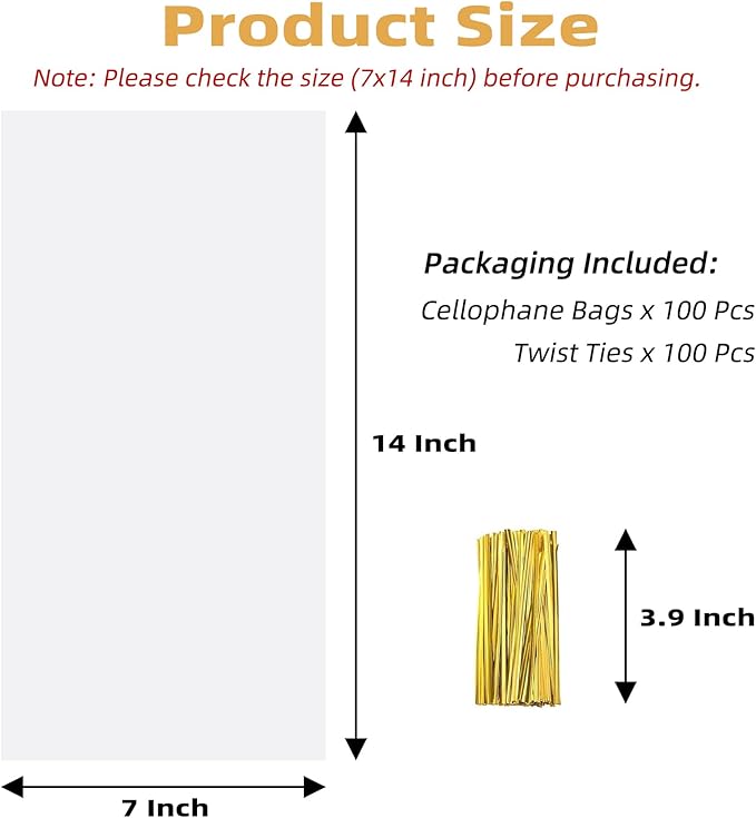 Yotelab Cellophane Bags, 7" x14" Clear Cellophane Treat Bag With Twist Ties, Cello Bags 100 PCS