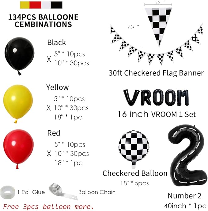 134pcs Balloons Race Car Birthday Party Supplies Decorations for Boys - Racing car Theme Party Supplies Happy Birthday Racecar Number Balloons Garland Kit Vroom Birthday Party Decorations