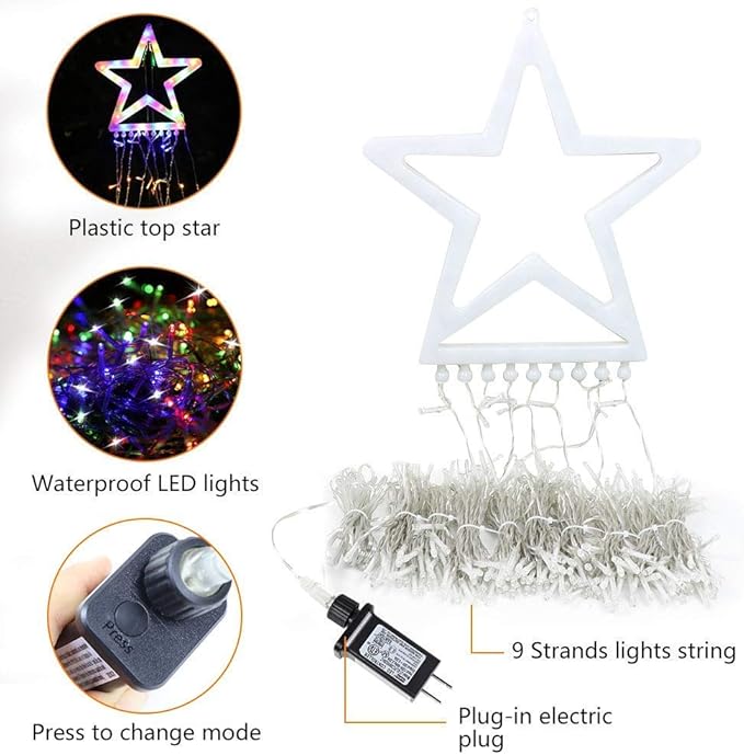 PUHONG Christmas Decoration Outdoor Star String Lights, 16.4Ft Christmas Tree Toppers Lights 320 LED 8 Modes with 12" Lighted Star for Halloween Christmas New Year Holiday Birthday (Multicolored)