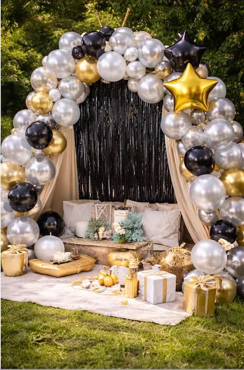 Black Foil Fringe Backdrop Curtain 2 Pack – 3.2 x 6.4 ft Metallic Tinsel Streamer Party Decoration for Photo Booth, Birthday Party, Graduation & Celebration Backdrop