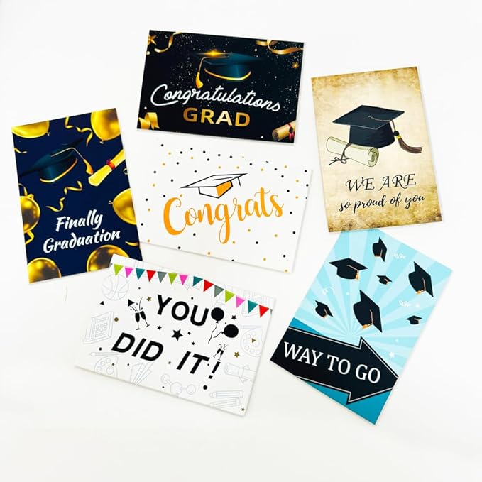 6 Pack Gold Foiled 5x7in 2025 Graduation Cards 2025 with Envelopes and Stickers, 6 Elegant Designs Graduation Card Pack