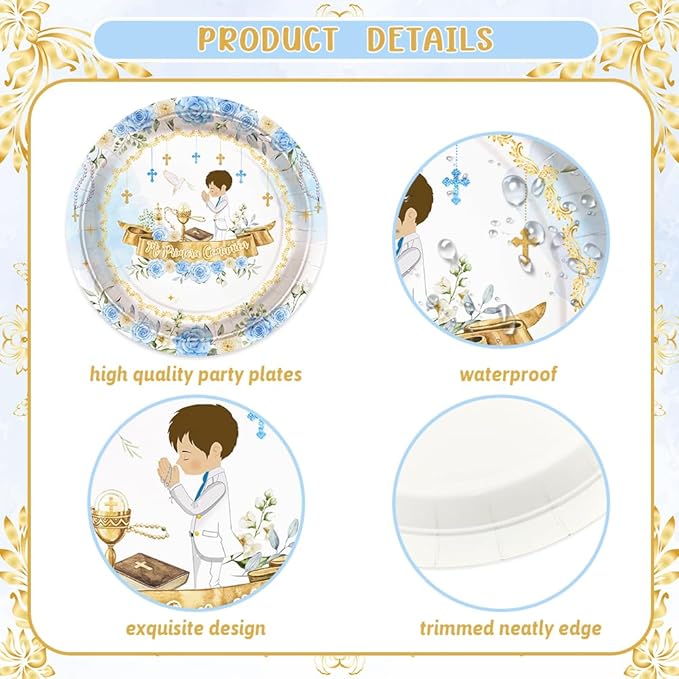 194 Pcs Mi Primera Comunion Baptism Party Decorations for Boy Blue First Holy Communion Party Supplies God Bless Disposable Tableware Set with Plates Napkins Cups Tablecloth Serves 24