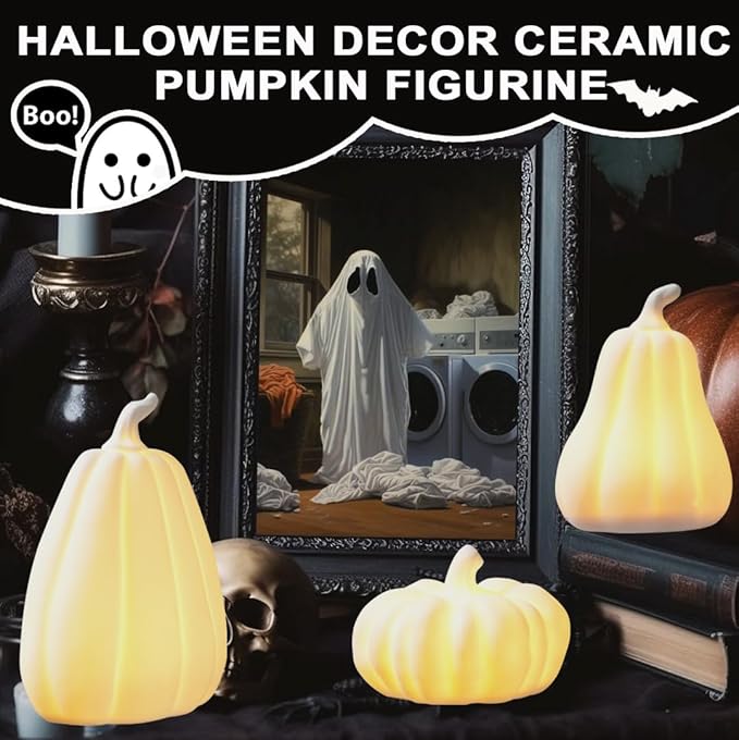 Light Up Pumpkin Halloween Decor - 3 Pack Ceramic Pumpkin Decor for Indoor, Table, Tray