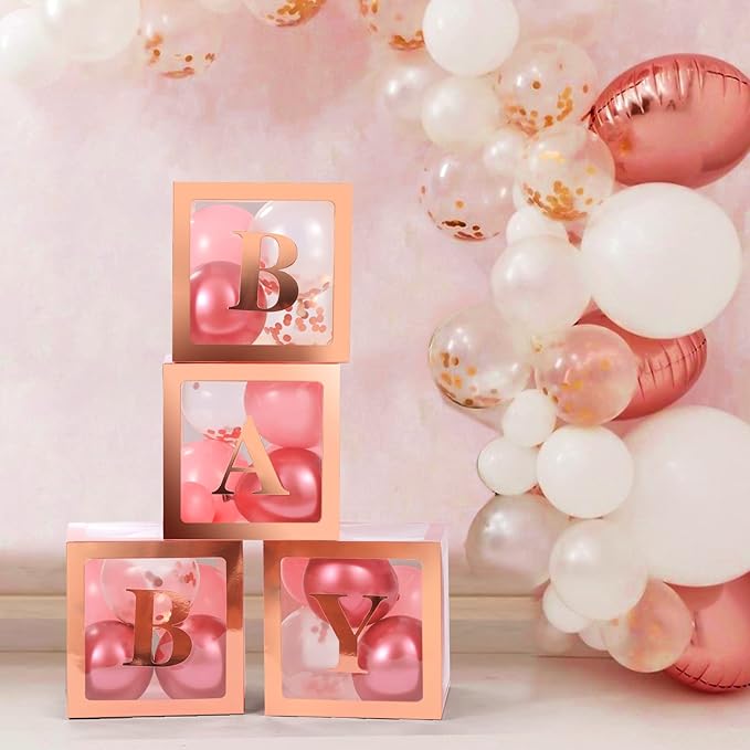 Baby Boxes with Letters for Baby Shower, 4 Transparent Balloon Boxes for Gender Reveal, Wedding, Birthday Decorations (Rose Gold)