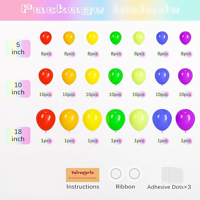 134pcs Rainbow Balloon Arch Kit Different Sizes 18" 12" 10" 5" Assorted Color Latex Balloon Garland Arch Kit for Birthday Baby Shower Graduation Wedding Gender Reveal Party Decorations