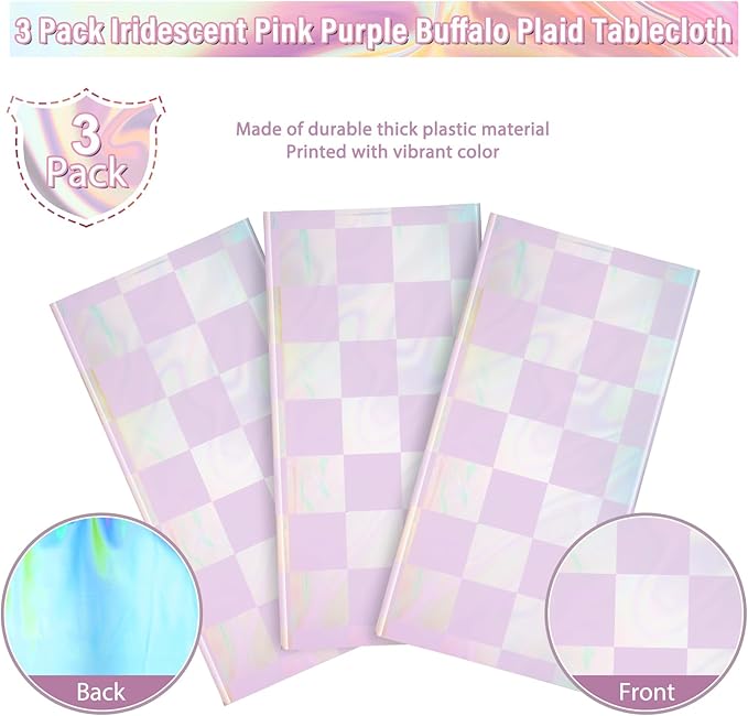 FunnyPars 3Pack Iridescent Checkered and Purple Plastic Tablecloths Shiny Disposable Laser Rectangle Table Covers Foil Tablecloth Iridescent Party Decorations Birthday Bridal Baby Shower, 54x108Inch