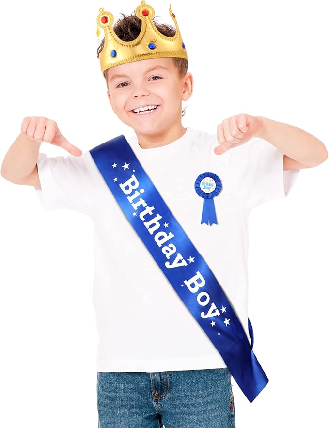 WILLBOND Birthday King Crown, Birthday Sash and Button Pins Party Accessory Set for Boys Kids Party Decorations