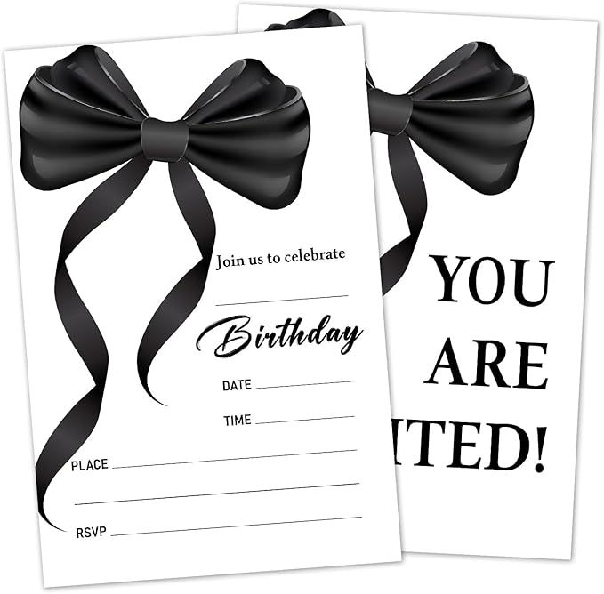 Black Bow Birthday Invitation Cards For Girls Adult Teens, Birthday Party Supplies Favors, 20 Fill-In Invitation Cards with Envelopes -01