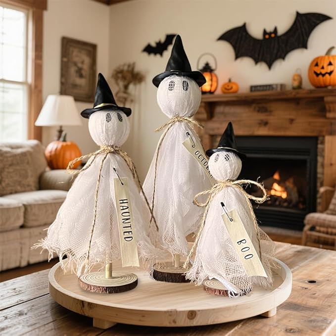 Halloween Decorations Indoor - 3 Set Primitive Halloween Ghosts with Hat, Wooden Stand Ghost Decor for Table Centerpieces, Mantels, Shelves, Vintage Spooky & Festive Party Decor