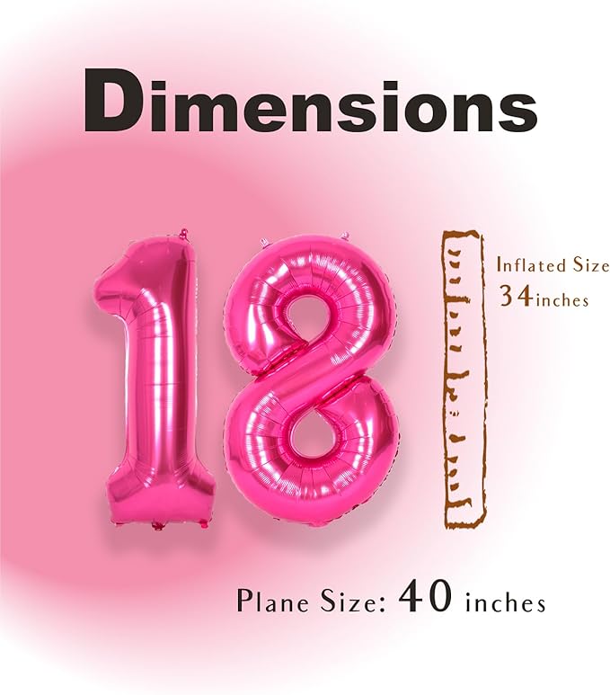 SUWEN 40 Inch Hot Pink Large 18 Number Balloons Big Foil Helium Number Balloons 0-9 Jumbo Happy 18th Mylar Birthday Party Decorations for Girl or Women 81 Anniversary Party Supplies