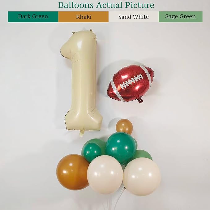 First Year Down Football Balloon Arch Kit – 1st Birthday Football Decorations with Number 1 Balloon, Football Foil Balloons & Green Brown Balloon Garland for Baby Boy Birthday Party (139PCS)