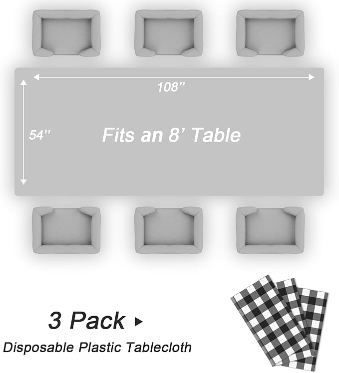 QIKSION Black Gingham Tablecloth Disposable 3 Pack, 54 x 108 Inch Black and White Checkered Table Cloth for Picnic, Outdoor BBQ Decorations, Birthday Party Supplies, Rectangle, Plastic Table Cover