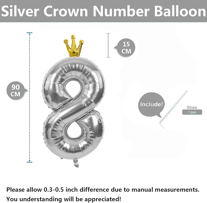 Silver Number 8 Balloon with Crown, 40 inch Silver Number Balloon 8th Birthday Party Decoration Silver Crown Balloons 0-9 for Birthday Party Anniversary Decorations Supplies