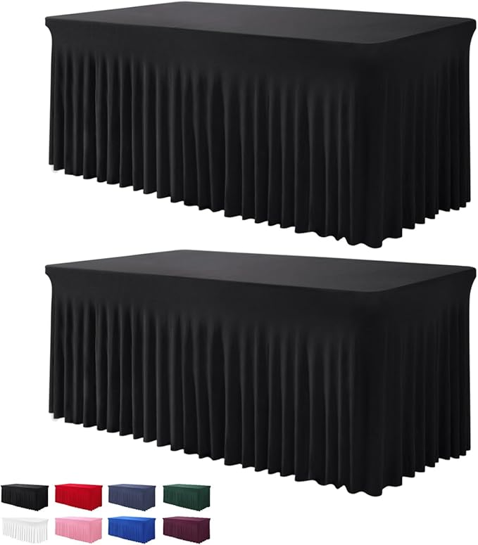 Table Skirts for Rectangle Tables 6ft - 2 Pack One-Piece Black Tablecloths and Skirt, Wrinkle Resistant Ruffles Elastic Cover for Banquets, Weddings, Events, Parties