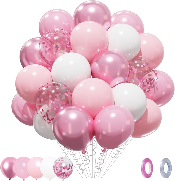 Patimate Pink and White Balloons Set, 50 pcs 12 inch Pearl Light Pink Confetti White Latex Balloons Kit for Wedding Baby Shower Bridal Shower Pink Birthday Party Decorations