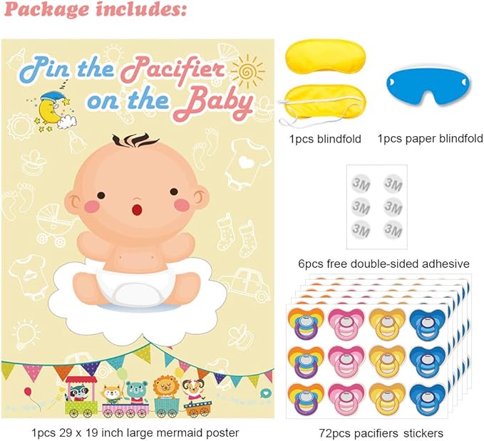 Hxezoc Pin The Pacifier On The Baby Game - Large Poster for Baby Shower Party, Kids Birthday Party Supplies - 72 Pacifier Stickers