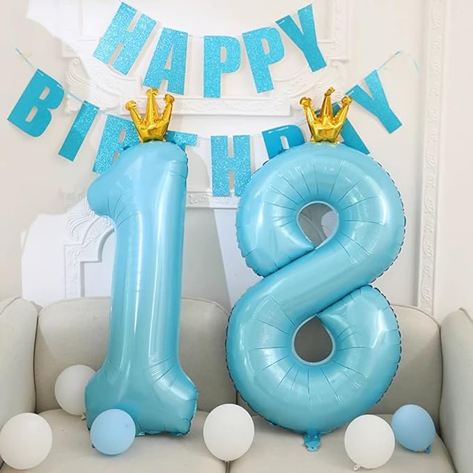 Blue Number 8 Balloon with Crown, 40 inch Blue Number Balloon 8th Birthday Party Decoration BlueCrown Balloons 0-9 for Birthday Party Anniversary Decorations Supplies