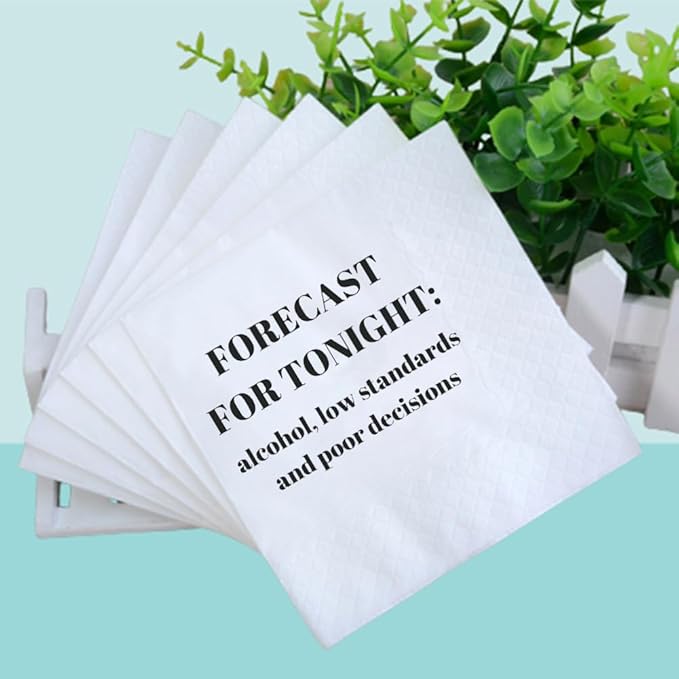 Funny Cocktail Napkins 100Pcs Funny Quotes Saying Disposable Paper Party Napkins 4.5 x 4.5 Two-ply (Forecast For Tonight: Alcohol, Low Standards, and Poor Decisions Napkins)